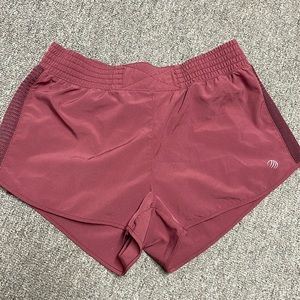 Dark coral athletic shorts with built in honeycomb undershorts!